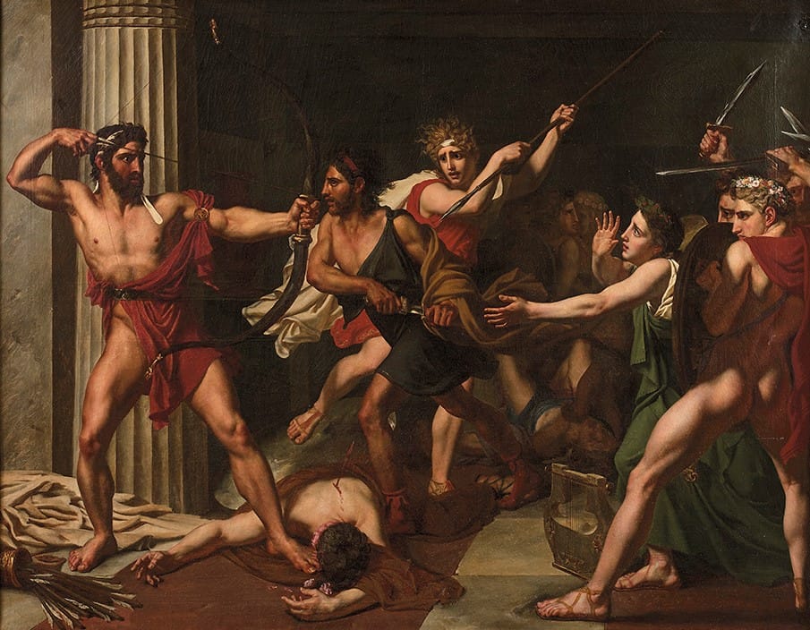 Classical painting of armed warriors attacking figures inside a palace as a man lies dead on the floor.
