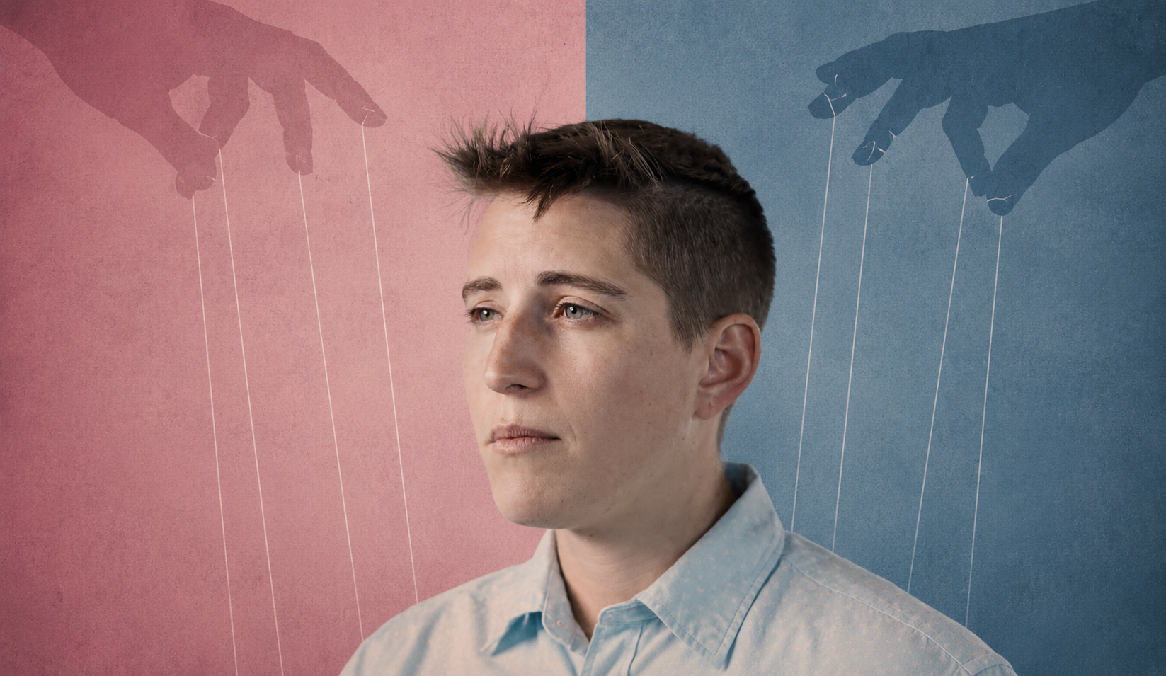 Conceptual illustration of Robin Dembroff against a pink-and-blue backdrop, with puppet strings symbolising contested ideas about gender, identity, and social conditioning.