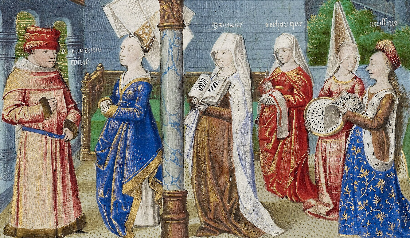 Medieval illustration of women in elaborate gowns and headdresses reading, sewing and making music before a seated figure.