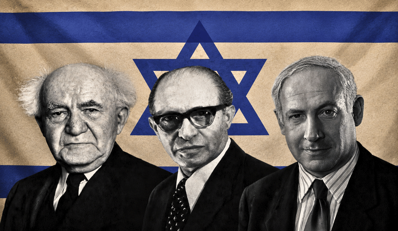 Three Israeli prime ministers against an Israeli flag.