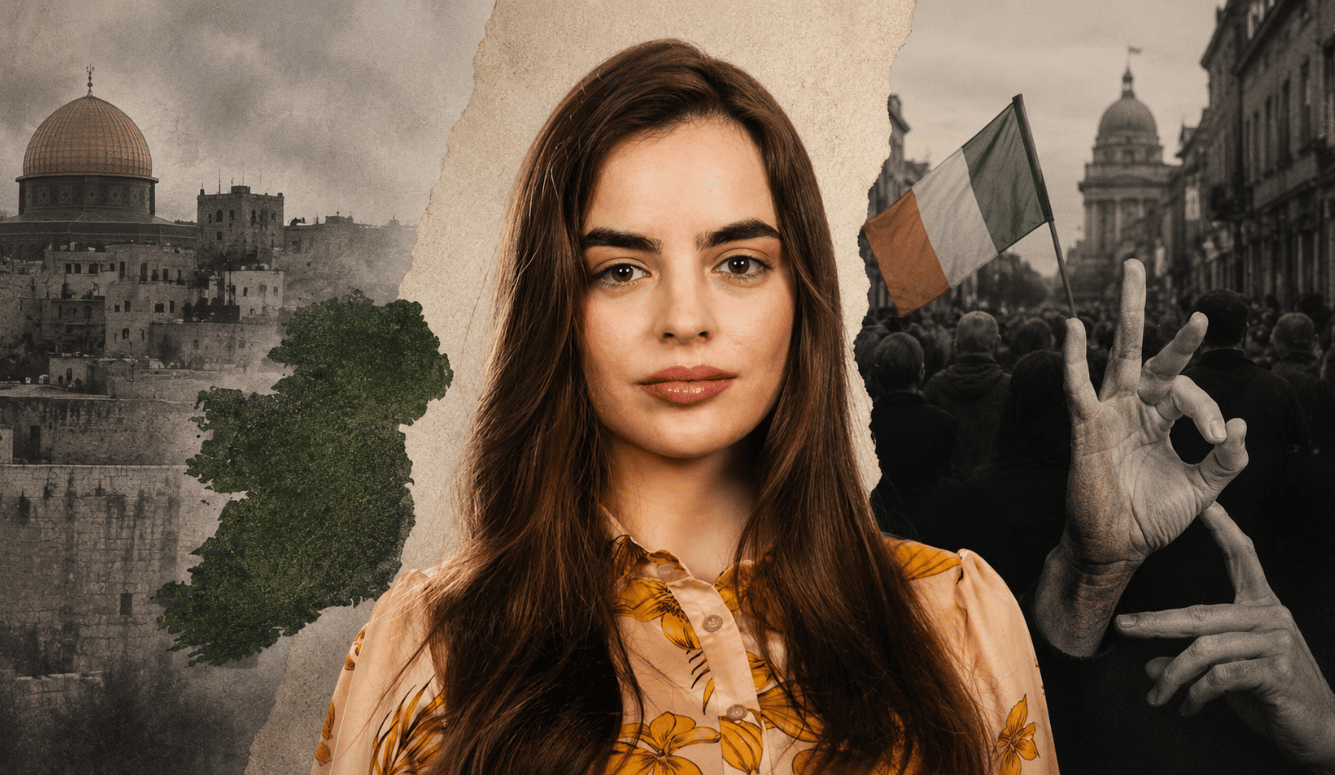 Rachel Moiselle in colour against a layered editorial background featuring a textured map of Ireland, muted architectural imagery, and symbolic references to language and public discoursE