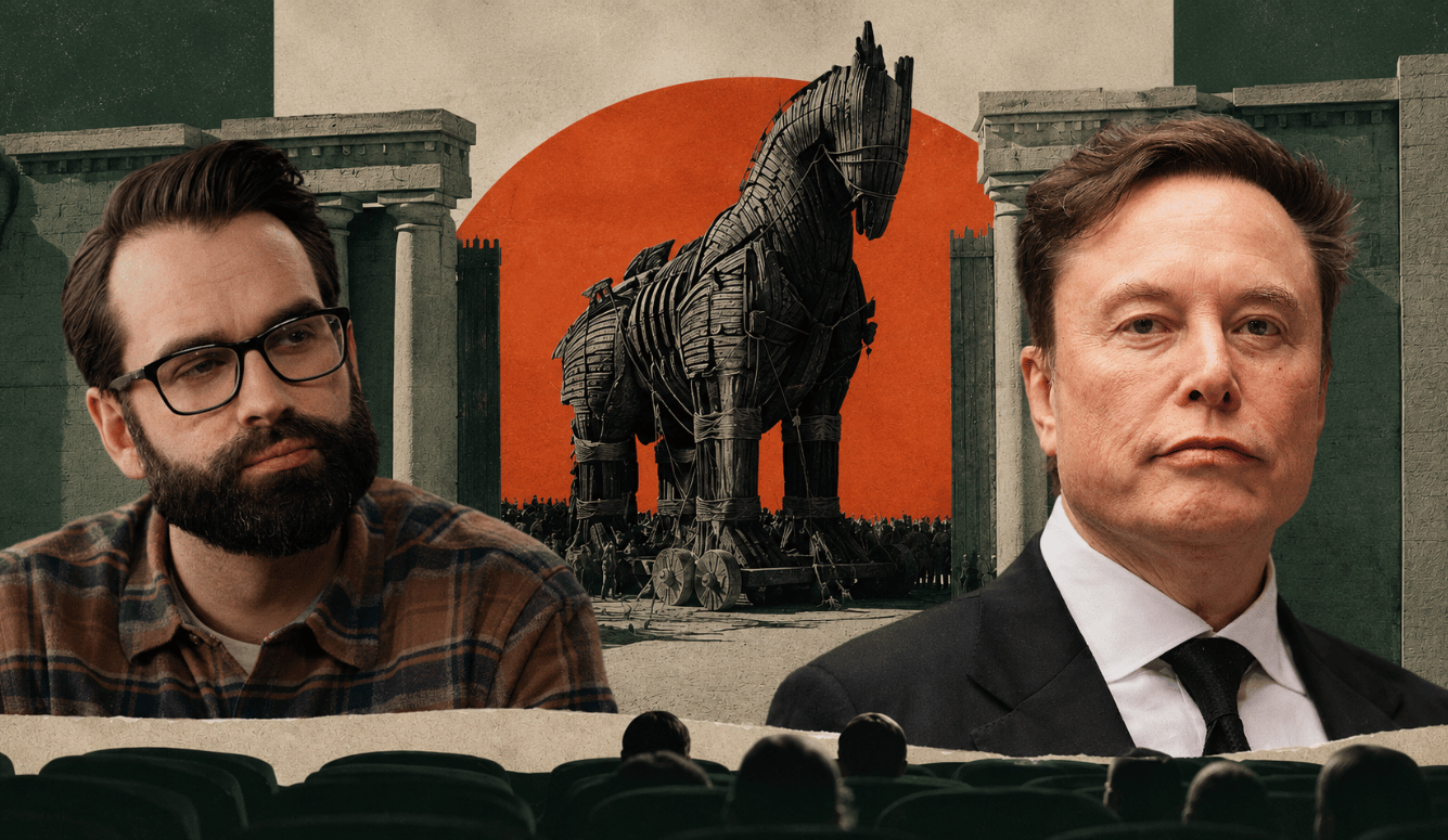 Editorial photomontage showing colour portraits of Matt Walsh on the left and Elon Musk on the right, with a large wooden Trojan Horse b
