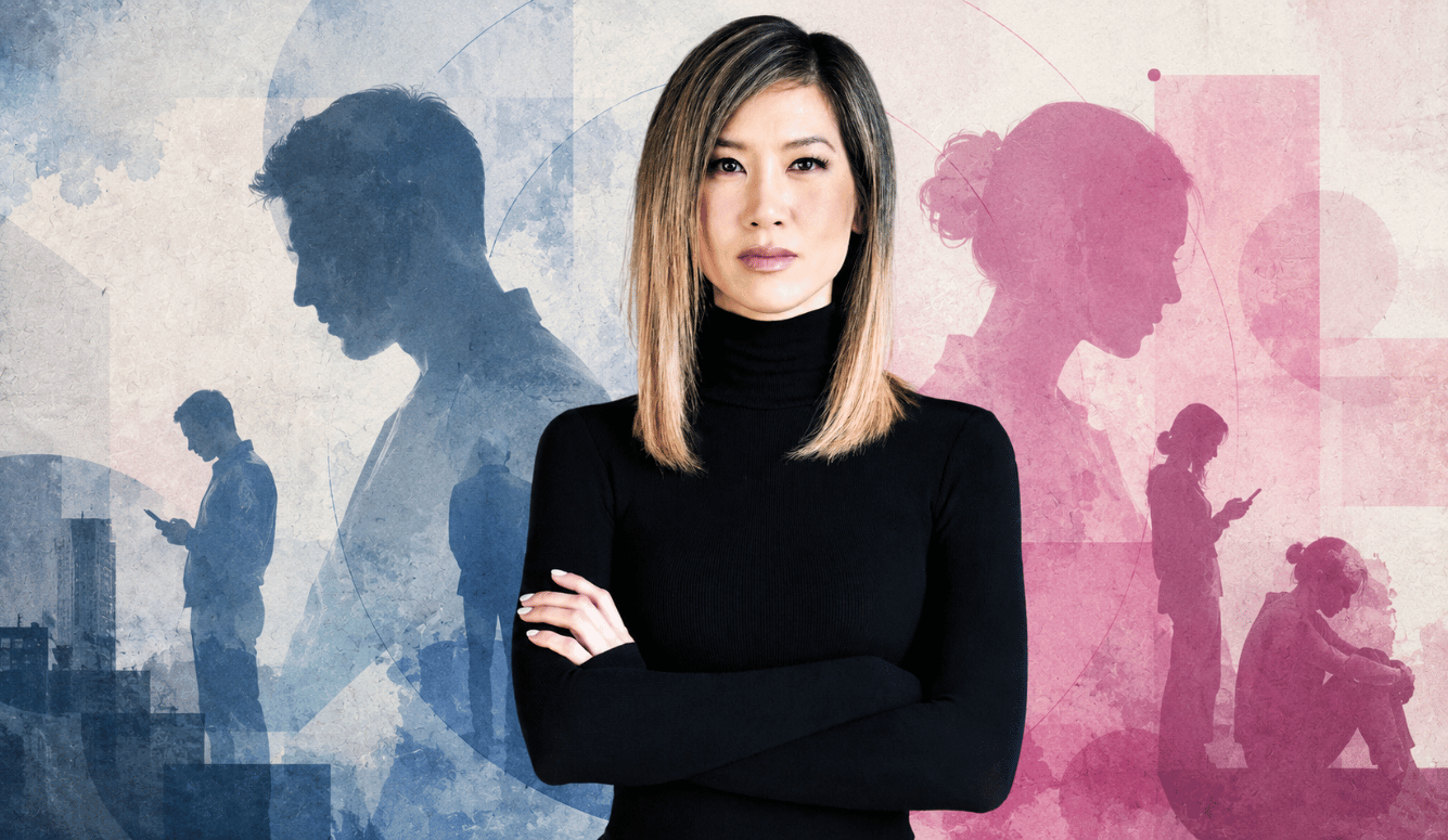 Colour portrait of Debra Soh in a black turtleneck with folded arms, set against a bright editorial collage in blue and pink tones featuring silhouettes of men and women using smartphones.