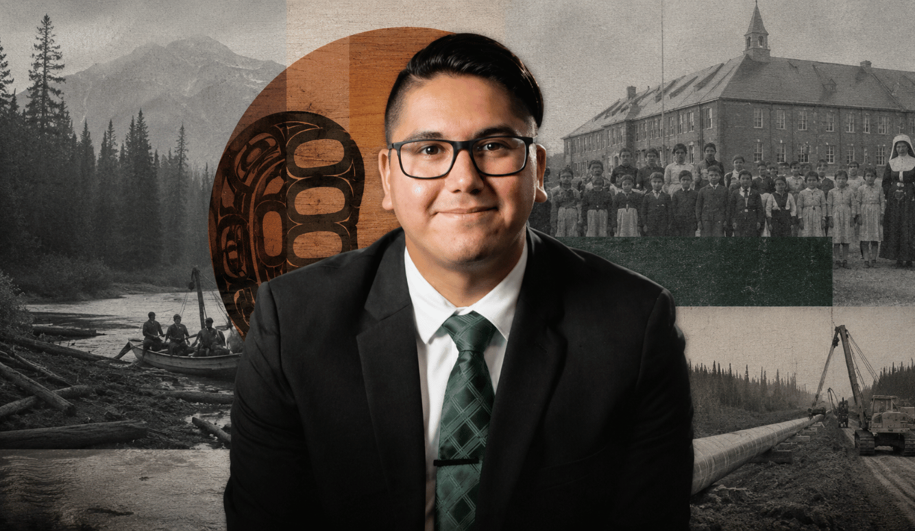 Aaron Pete in colour before a layered editorial collage of Indigenous history, residential schools, and pipeline infrastructure.