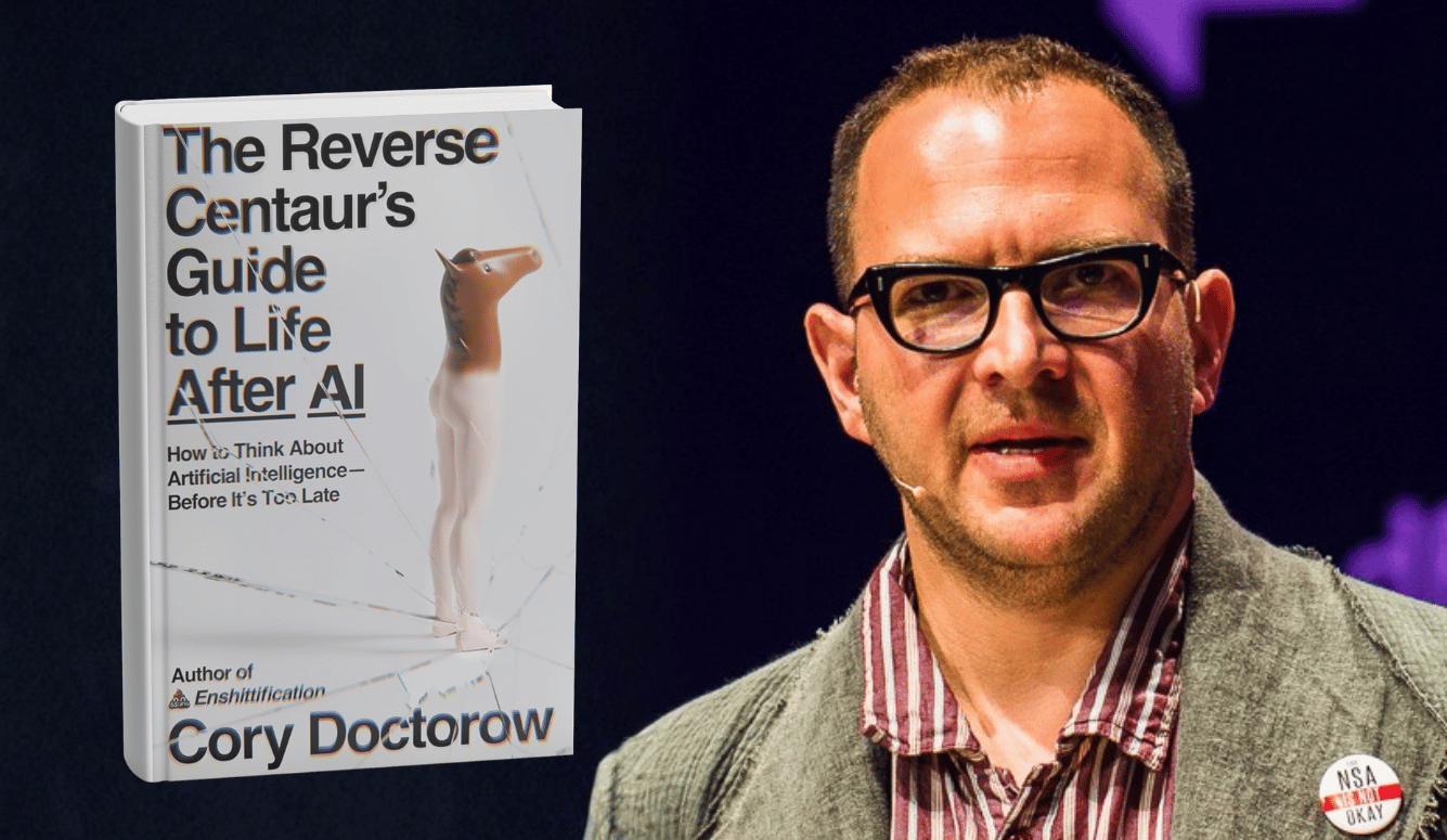 Cory Doctorow, wearing glasses, a striped shirt and jacket, beside the cover of The Reverse Centaur's Guide to Life After AI.
