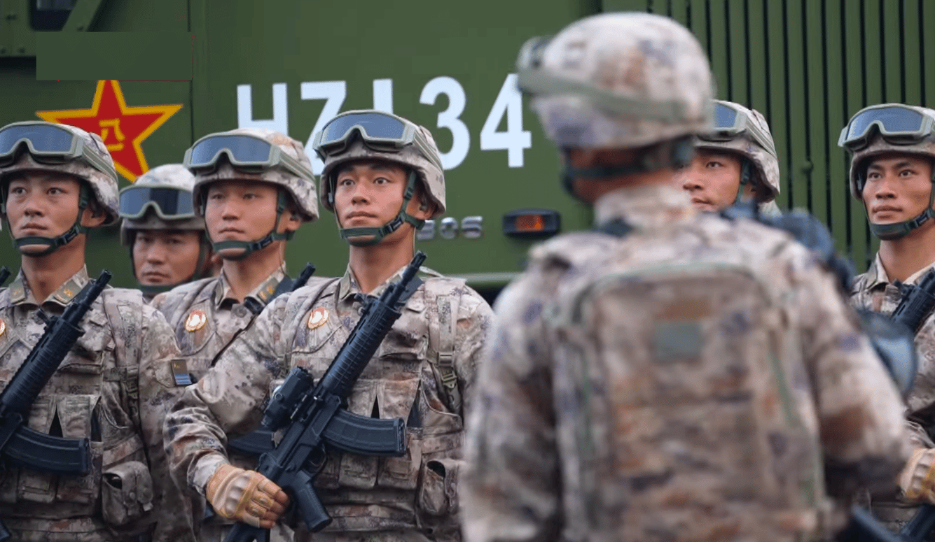 ChineseMarines in dress uniform marching in formation during Beijing's Victory Day military parade.