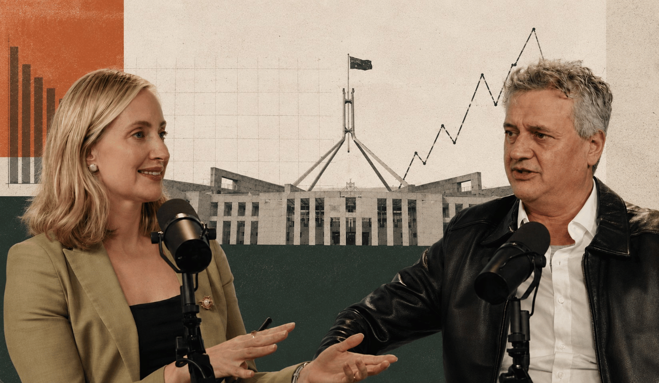 Claire Lehmann interviews economist Derek Francis in a podcast studio, with a stylised collage of Australia's Parliament House and financial charts in the background