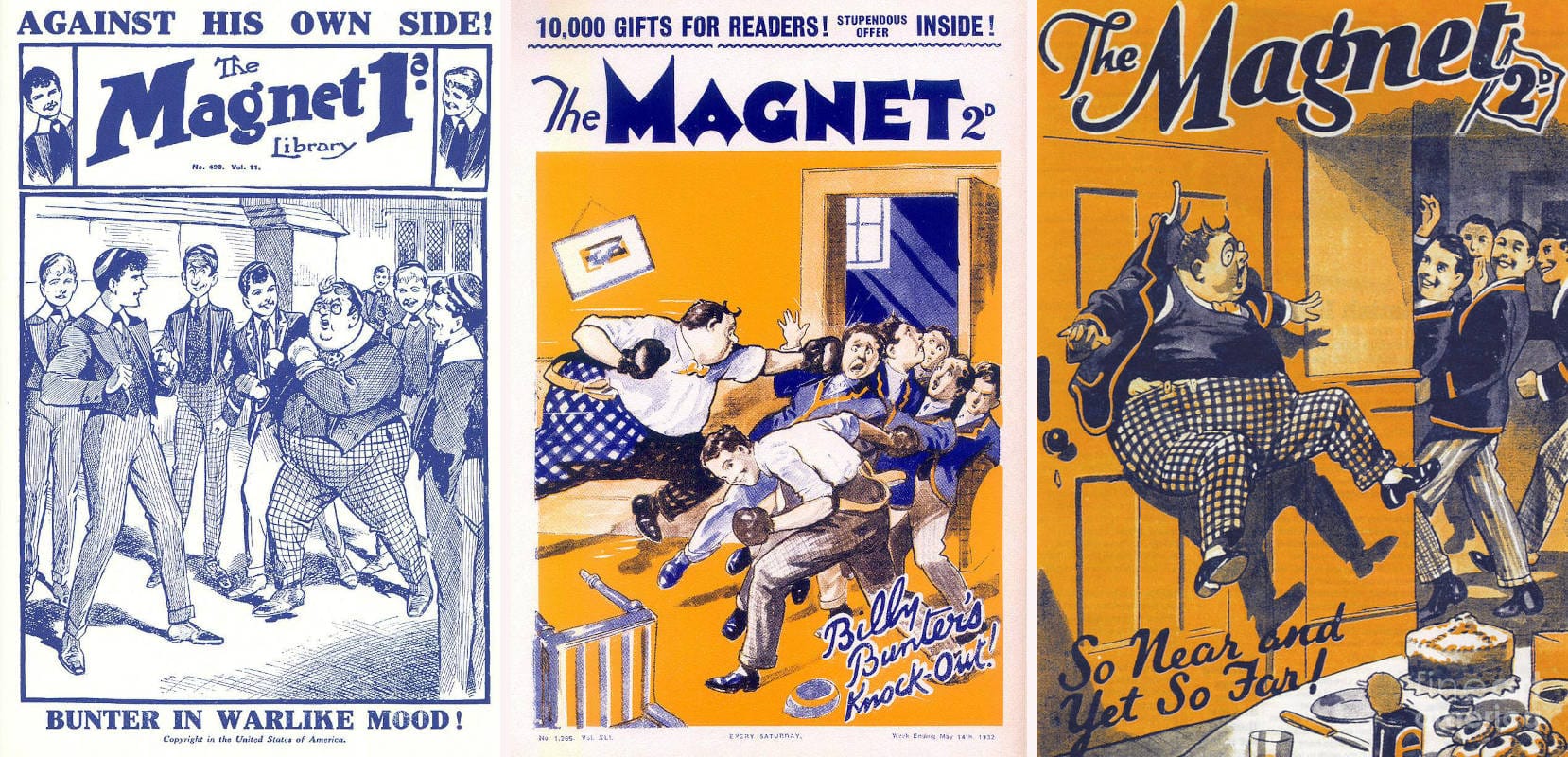 Three vintage The Magnet magazine covers show the schoolboy Billy Bunter in comic confrontations with classmates.