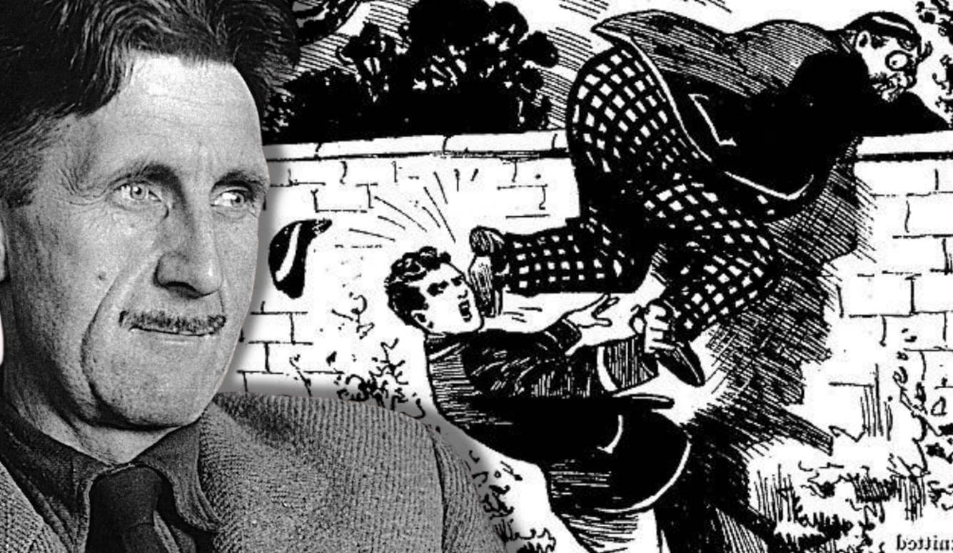 Portrait of George Orwell beside a black-and-white illustration of a schoolboy being caned over a wall.