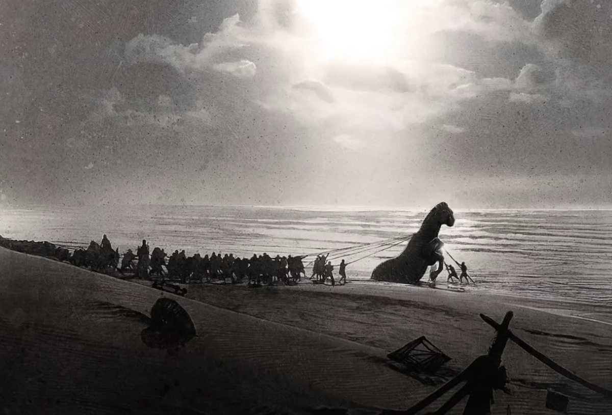 Silhouetted figures haul a giant wooden horse across a beach beneath dramatic clouds and rays of sunlight.
