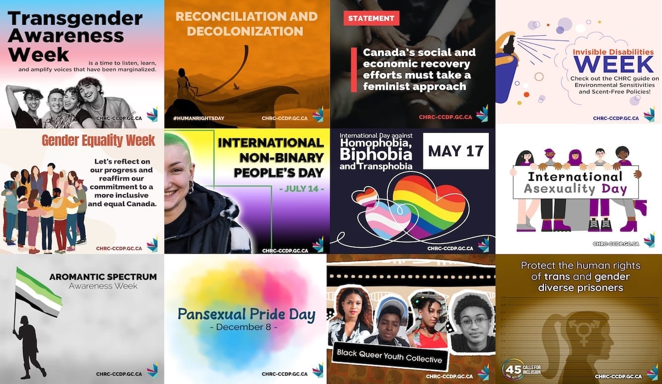 Grid of Canadian Human Rights Commission graphics promoting LGBTQ+, gender equality, disability and inclusion awareness campaigns.