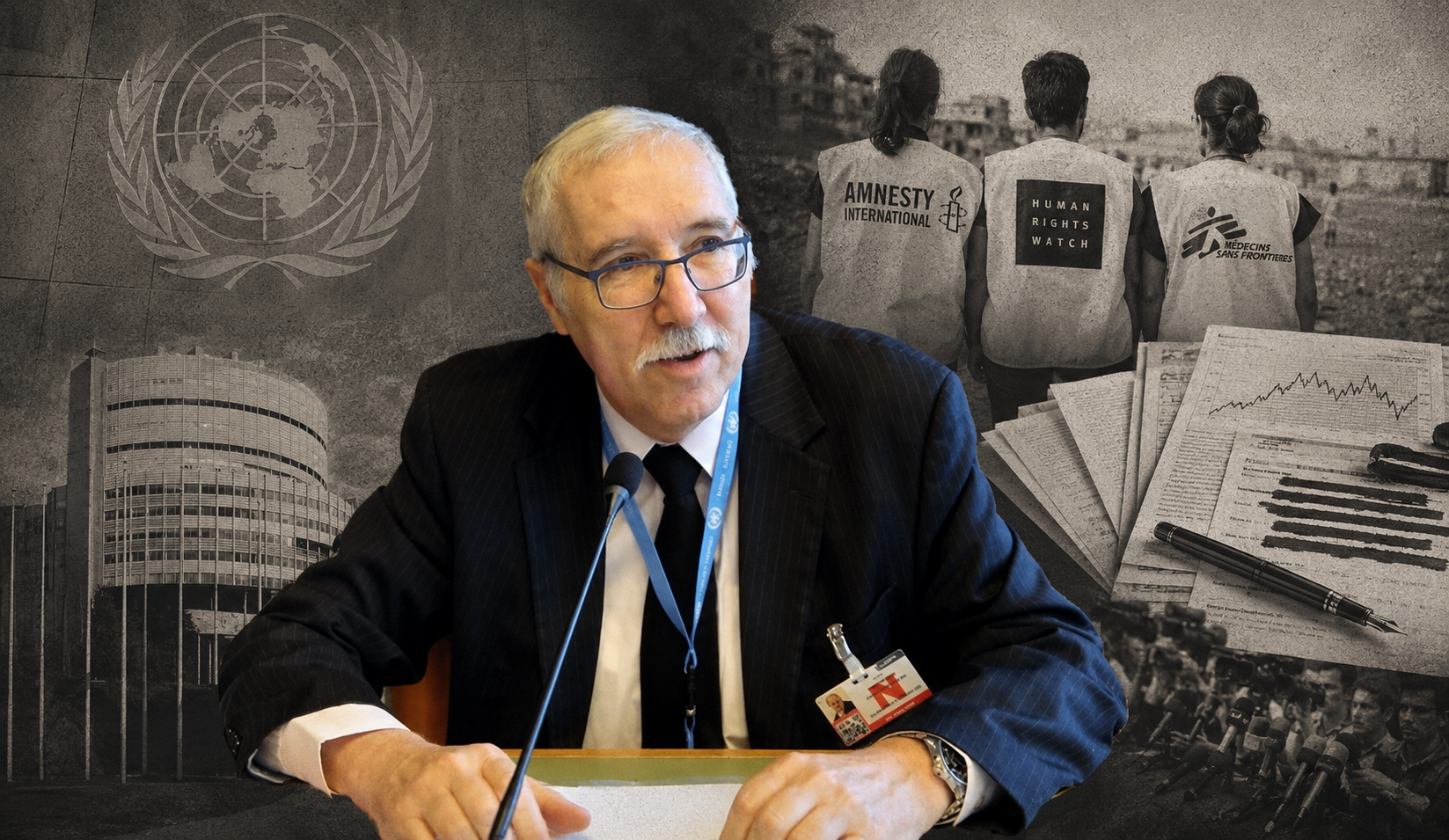 Editorial composite featuring Gerald Steinberg in color speaking at a conference table, set against a monochrome collage of the United Nations, NGO imagery, documents, and media symbolism