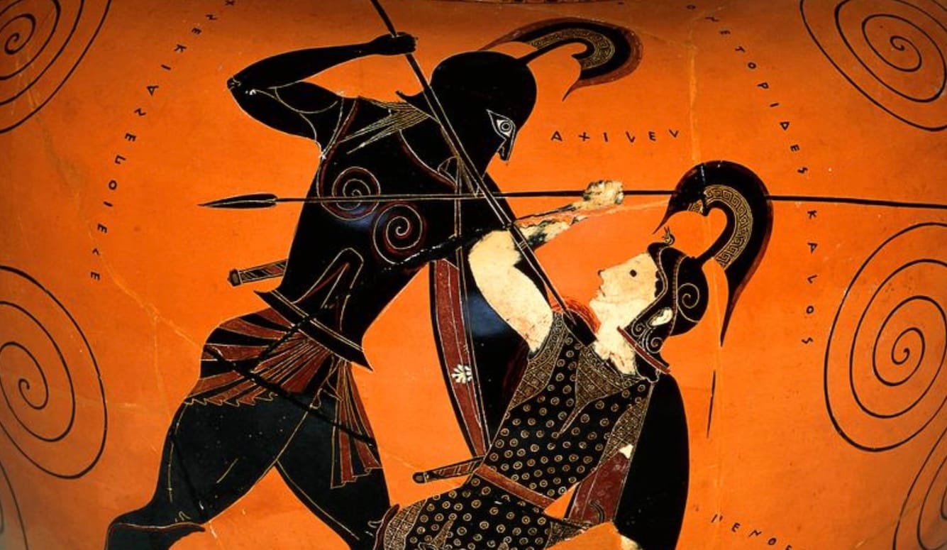 Ancient Greek vase painting of Achilles spearing the Amazon queen Penthesilea as both warriors wear crested helmets.