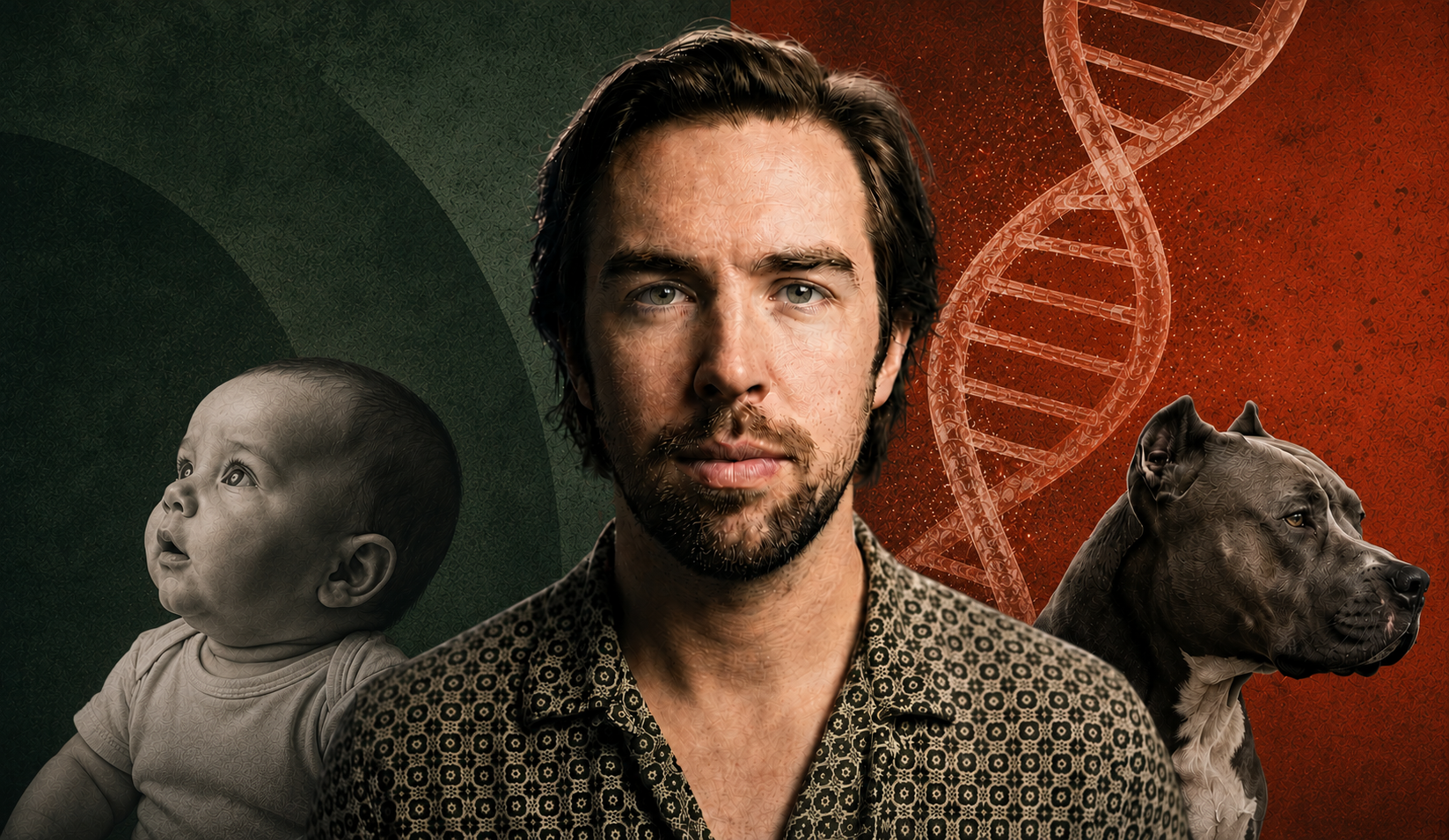 A translucent DNA double helix rises behind him, while a monochrome baby appears on the left and a colour photograph of a pit bull appears on the right