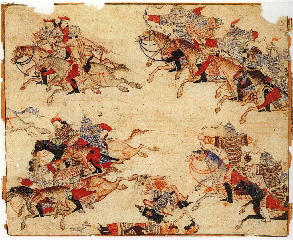 Fourteenth-century illustration of mounted Mongol archers in armour pursuing enemy horsemen across a battlefield.