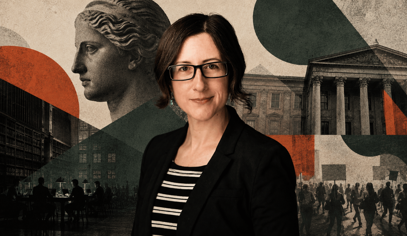 Ashley Rubin, brunette woman with glasses, in front of a collage of classical sculpture, university architecture, a library, and protest imagery.