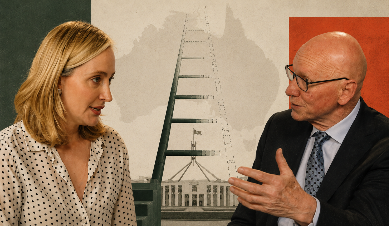 Two people face each other in conversation, with a fading ladder and a faint outline of Australia between them, symbolising ambition, opportunity and economic policy.