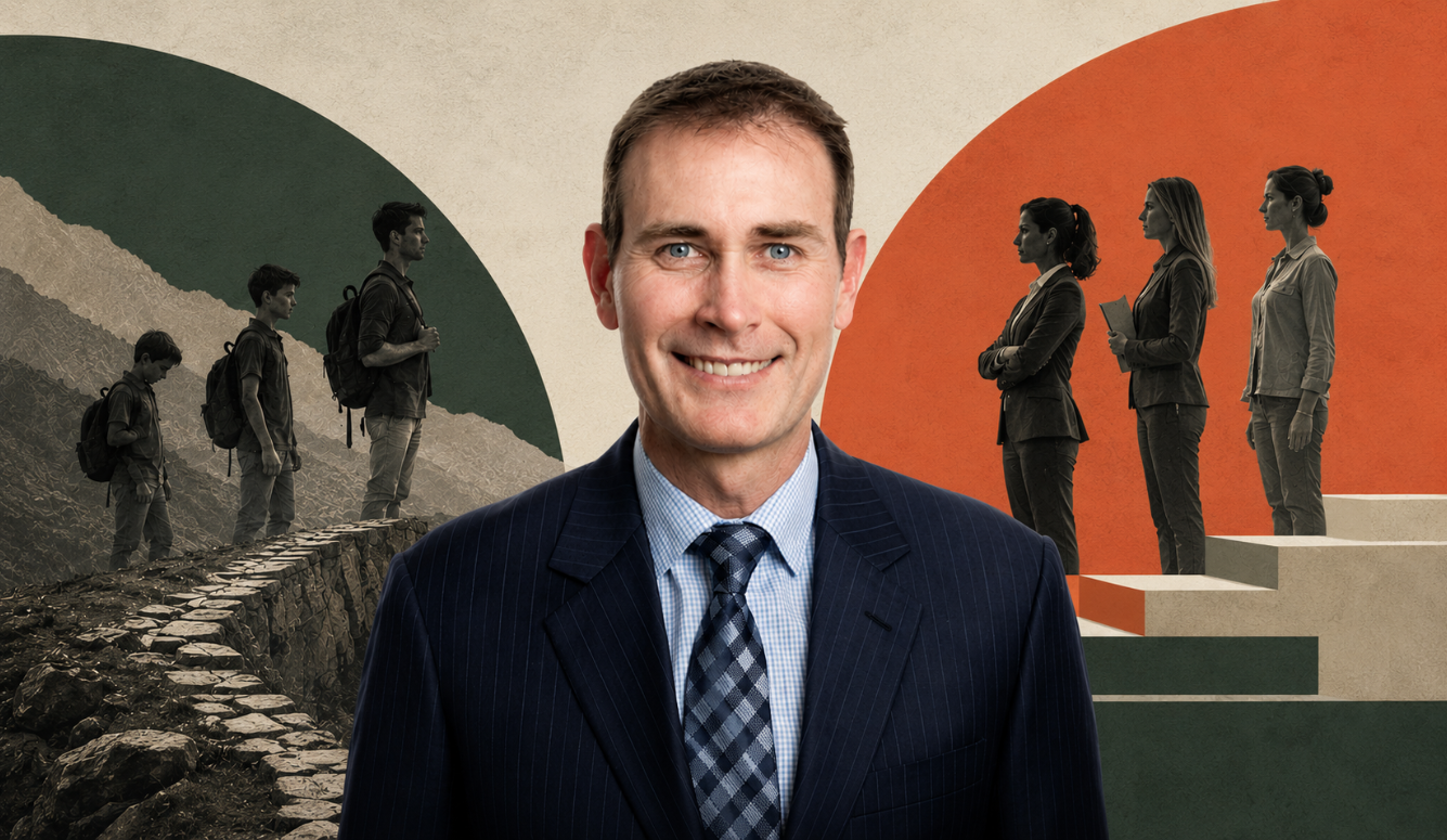 David Maywald in colour, flanked by ascending male hikers and professional women on steps, set against dark green, burnt orange, beige, and off-white geometric forms.
