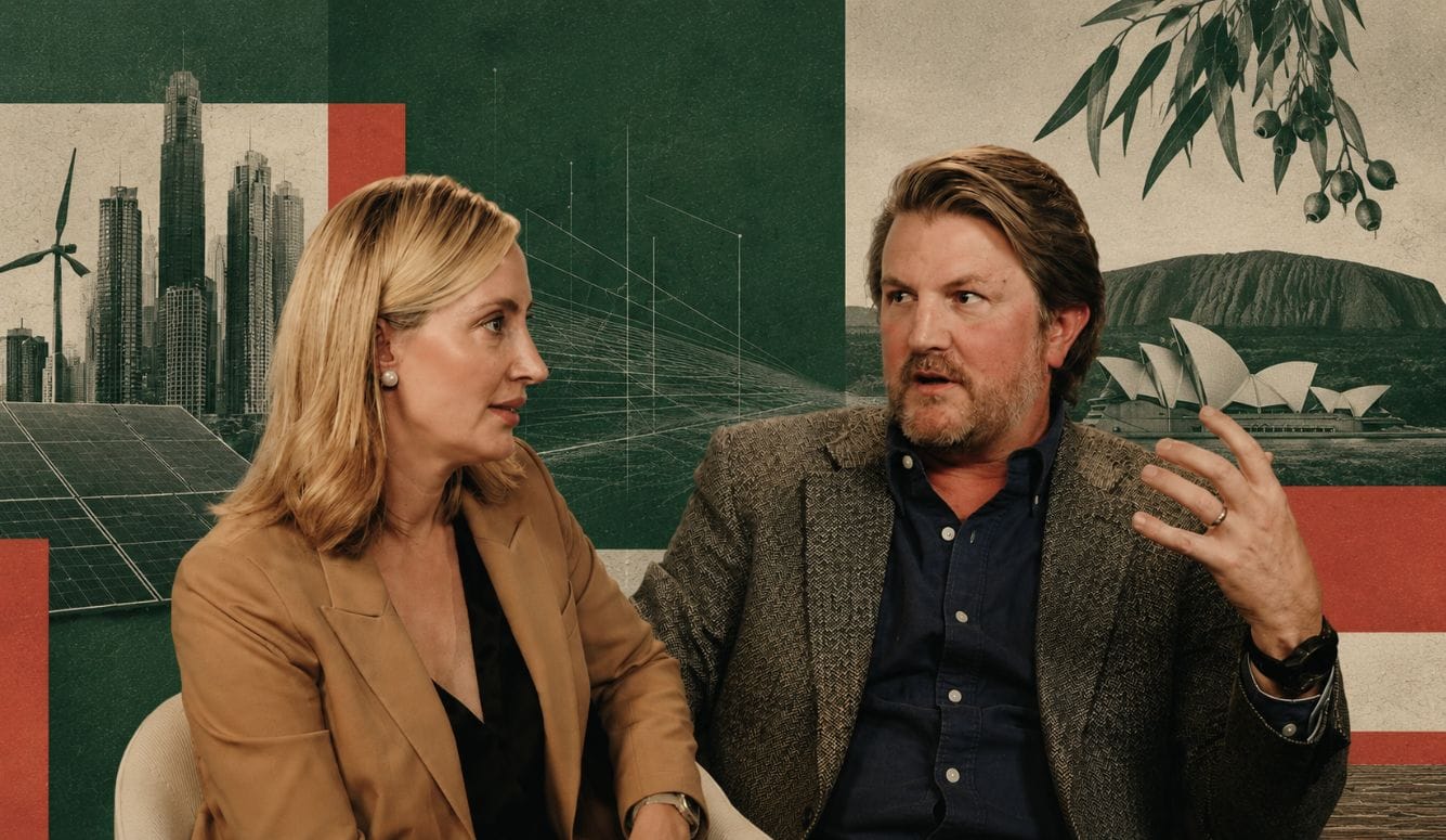 Claire, a blonde woman in a camel blazer, faces Chris, a bearded man in a dark jacket, against a muted collage of cityscapes, technology, mountains and foliage.