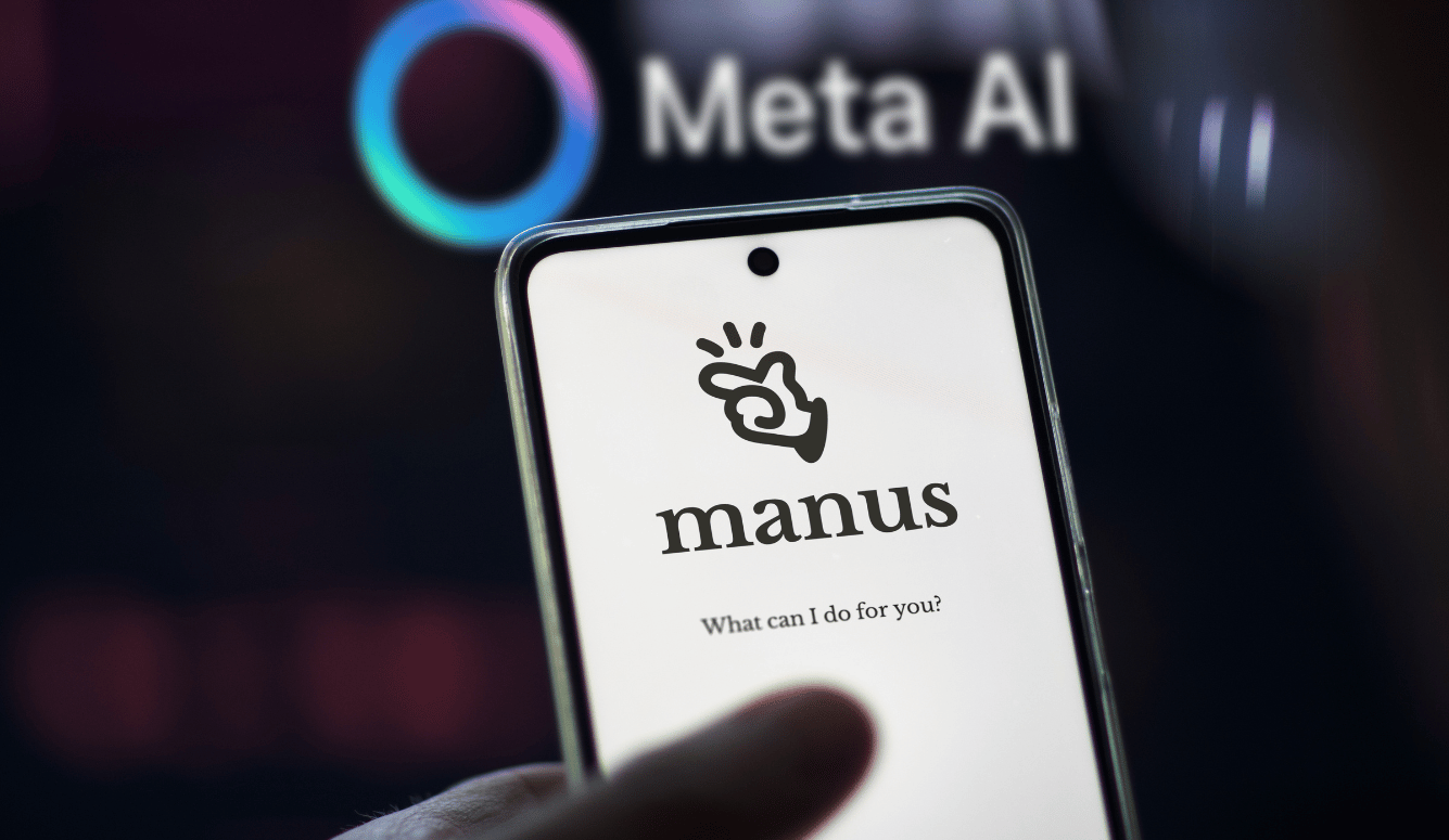 Smartphone displaying the Manus AI logo, held in front of a Meta AI sign.