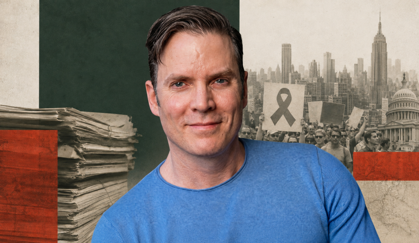 Portrait of investigative journalist Benjamin Ryan, set against a collage of newspaper files, the New York City skyline, an HIV/AIDS awareness ribbon, a crowd scene, and the US Capitol.