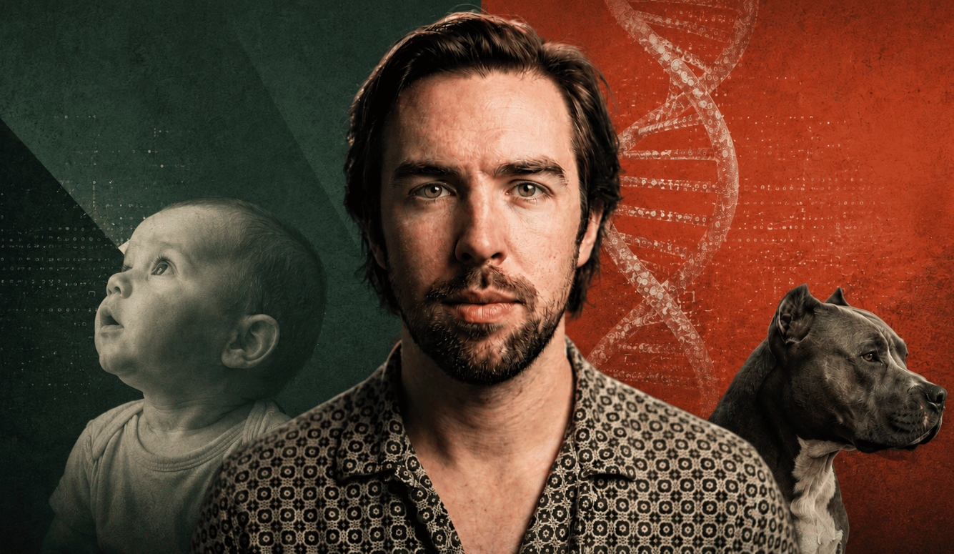A translucent DNA double helix rises behind him, while a monochrome baby appears on the left and a colour photograph of a pit bull appears on the right