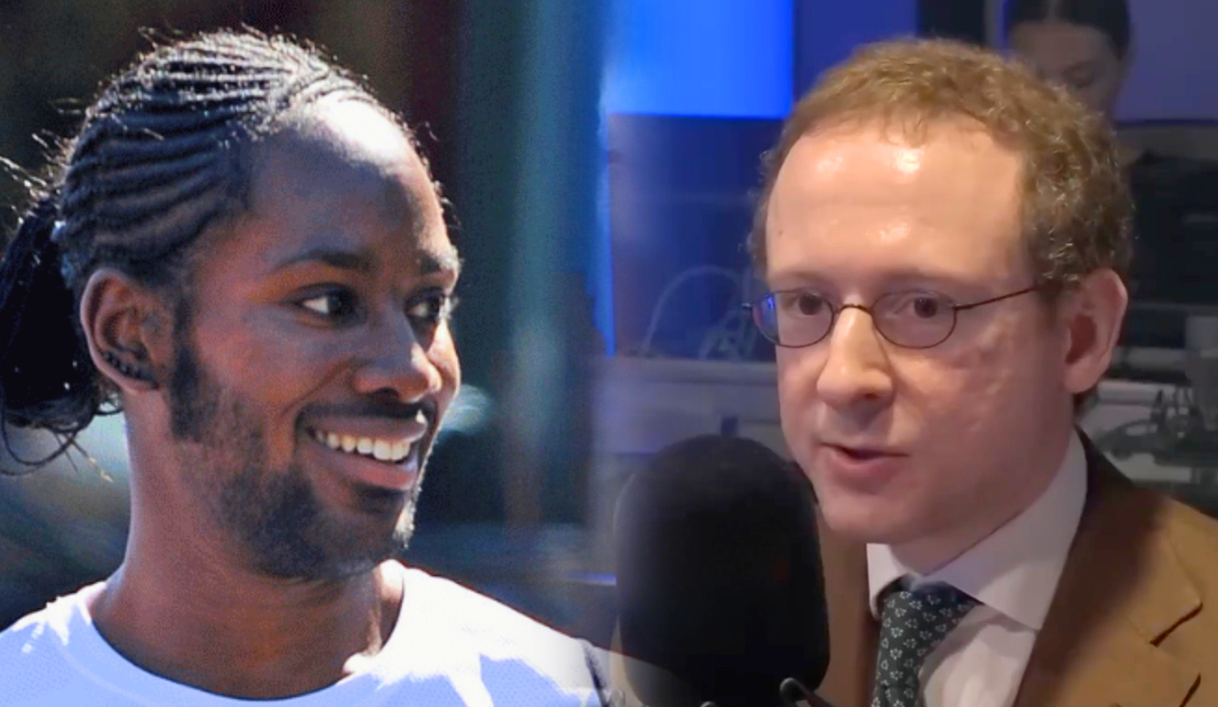Left, Arday, a black man smiles. He has braided hair and beard. Cofnas is a white man with glasses and reddish hair. He wears a suit.