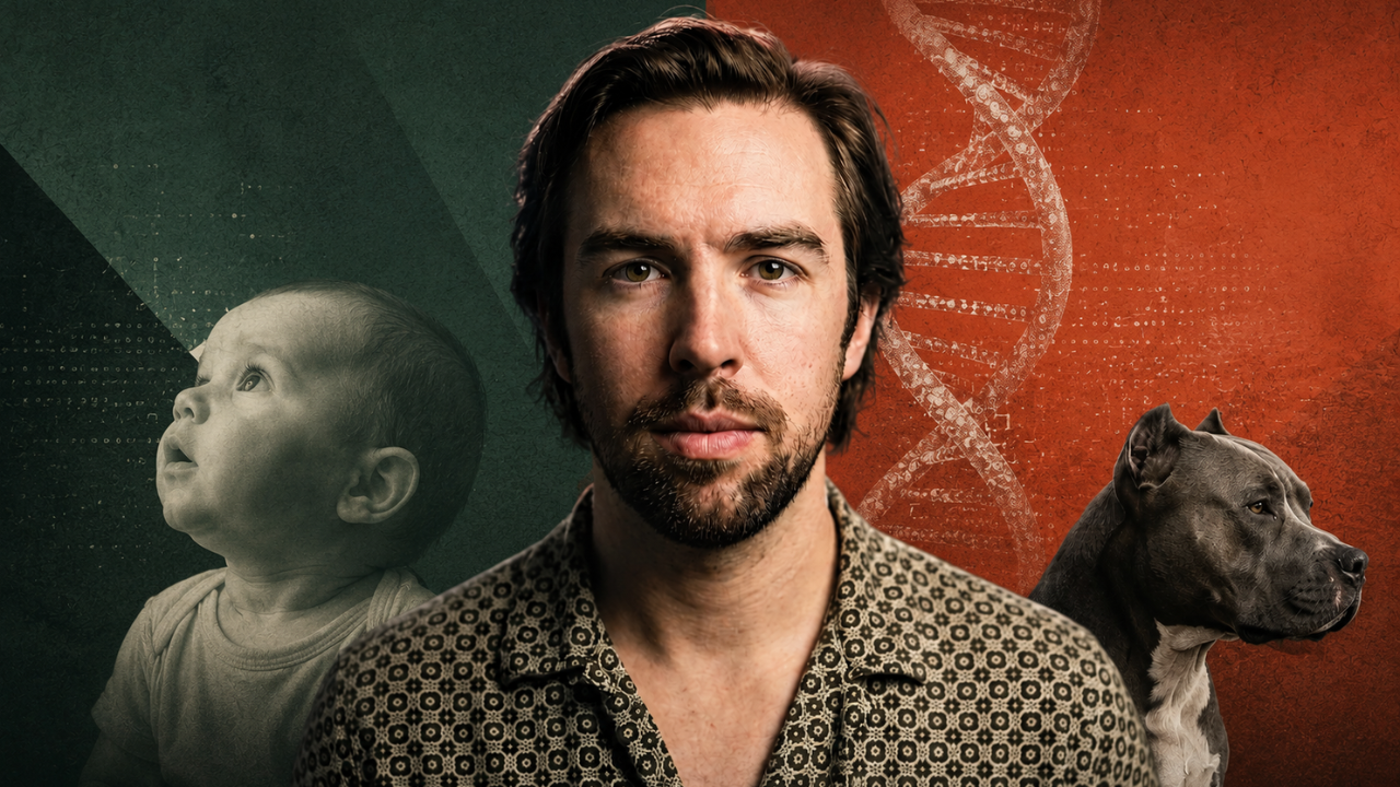 A translucent DNA double helix rises behind him, while a monochrome baby appears on the left and a colour photograph of a pit bull appears on the right