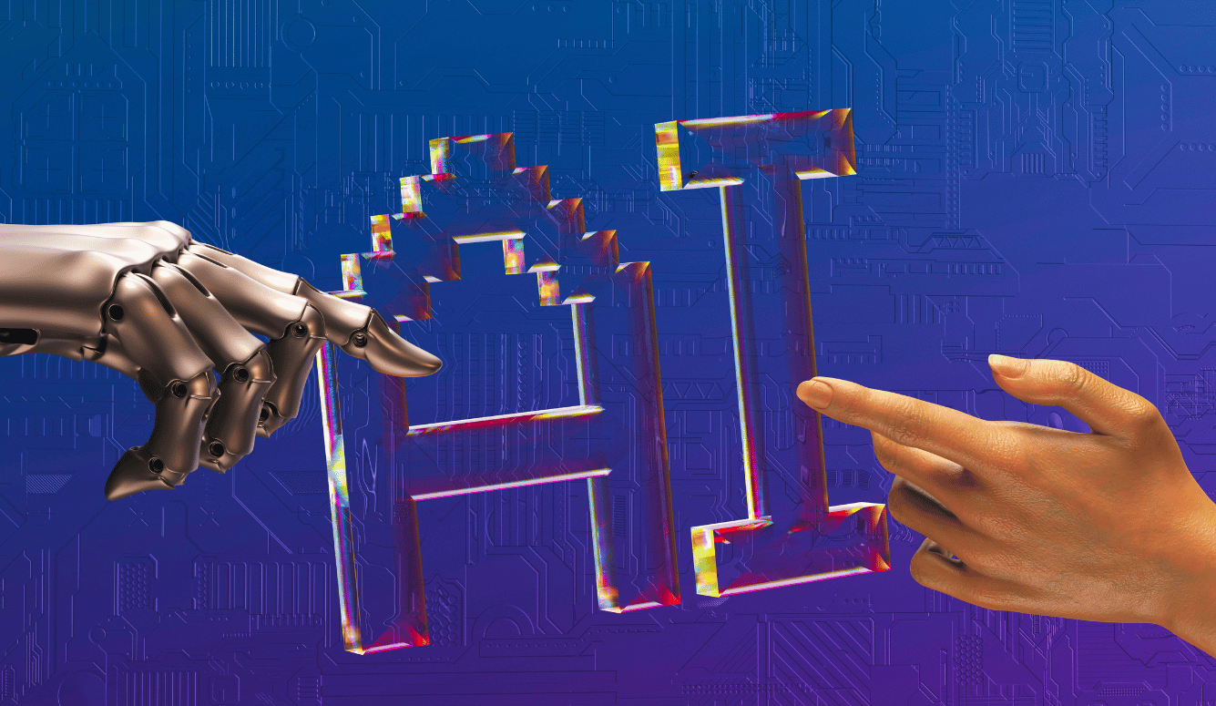 Robot hand and human hand pointing towards large AI letters against a blue circuit board background.