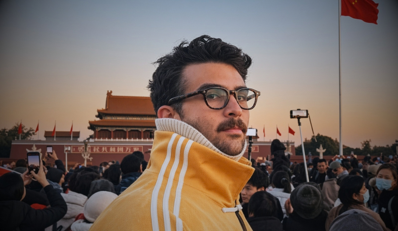 Hasan Piker in a yellow Adidas jacket at Tiananmen Square at sunset, with the gate, Chinese flag, and crowd behind him.