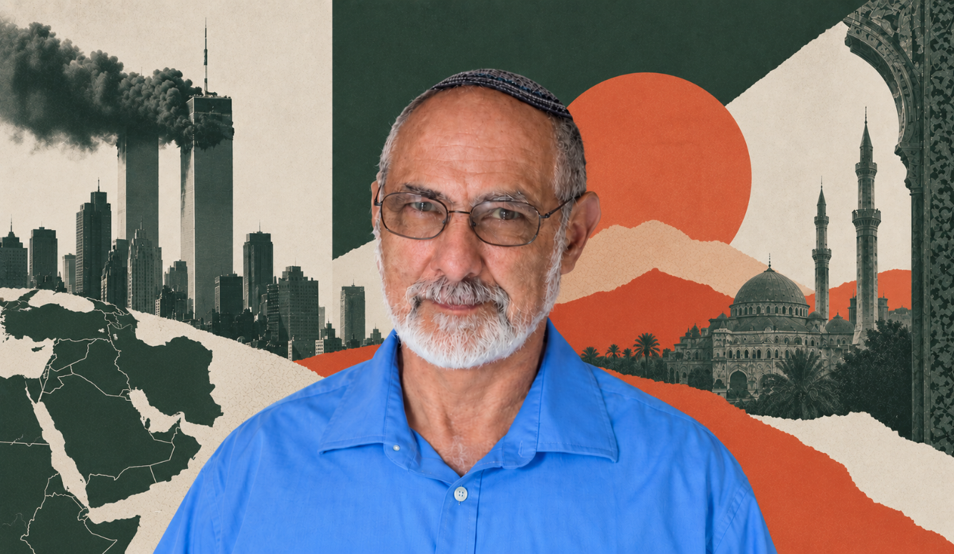 Richard Landes centered in front of a collage of the Twin Towers, Middle Eastern architecture, and abstract map.