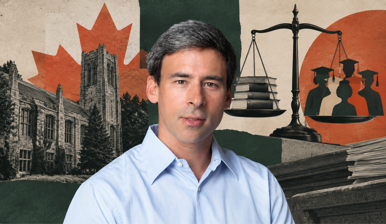 Eric Kaufmann in a blue shirt, with a university building, Canadian flag, scales and graduates in the background.