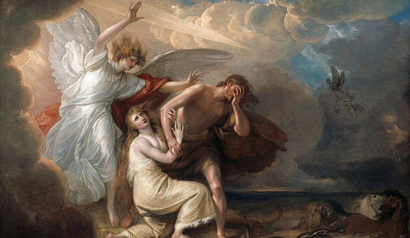 Angel banishes Adam and Eve from Paradise as they flee beneath storm clouds.