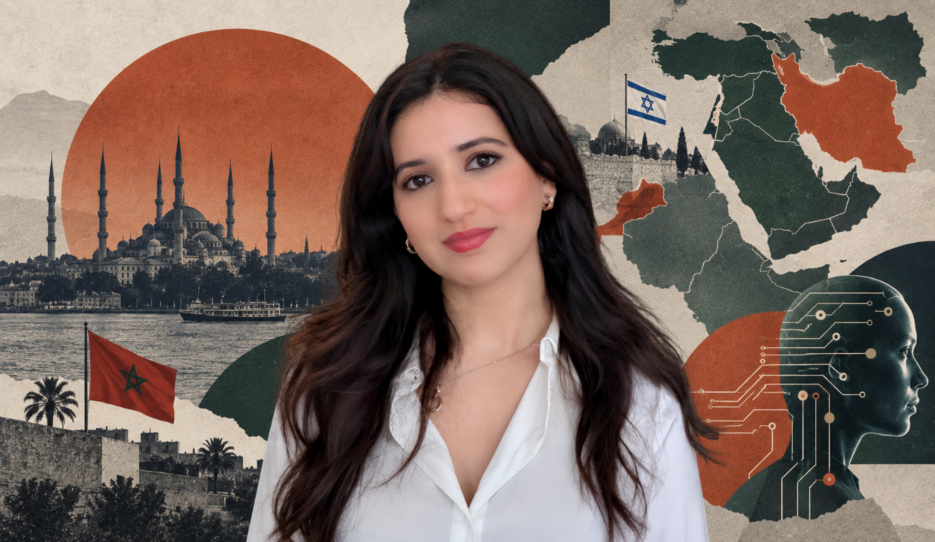 Portrait of political analyst Zineb Riboua against a textured editorial collage featuring Middle Eastern architecture and maps, Moroccan and Israeli flags, and an abstract AI circuit motif.