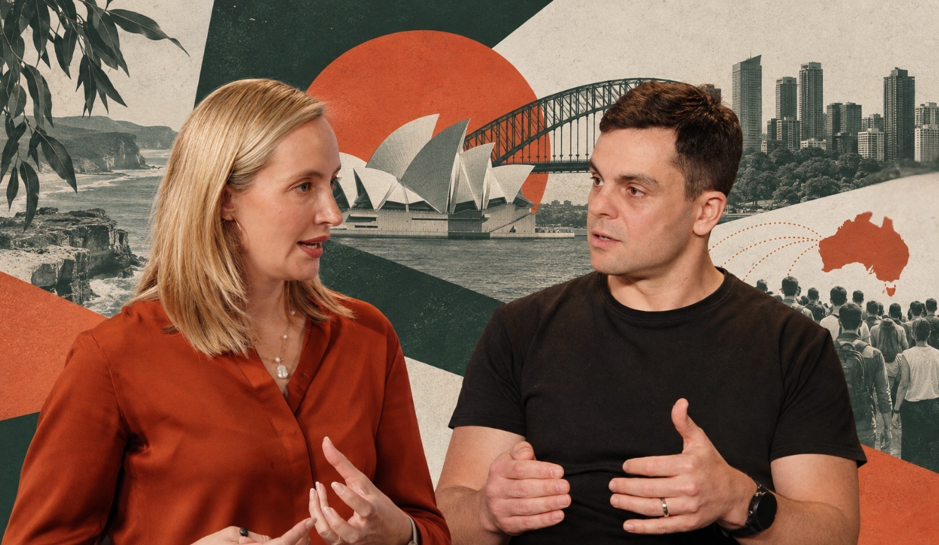 Claire Lehmann and Misha Saul in conversation against a restrained Australian-themed editorial collage.