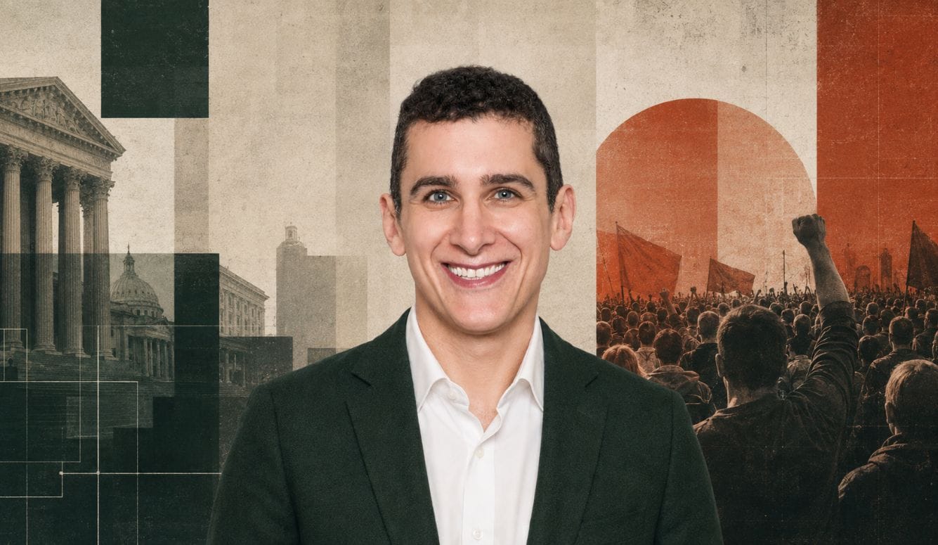 Richard Hanania centered between institutional authority and a populist crowd, reflecting the tension between elites and popular movements.