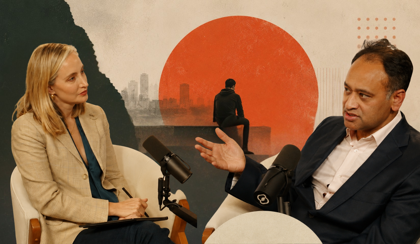 A man and woman converse into microphones while a lone man sits apart against a burnt-orange and dark-green urban backdrop, evoking isolation and lost purpose.