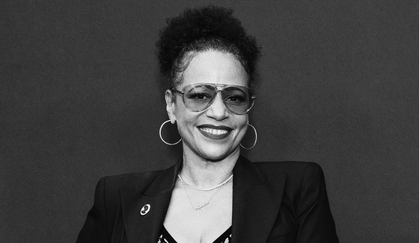 Nikole Hannah-Jones wearing sunglasses and a black blazer at a New York film premiere.