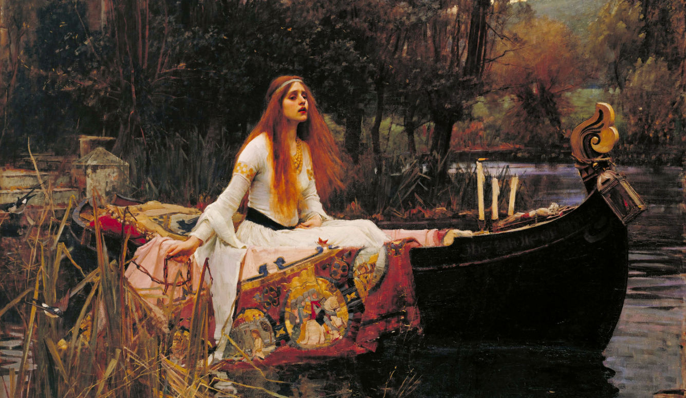 Painting of oman with long red hair in a white dress sits in a boat on a wooded river, beside a richly decorated cloth.