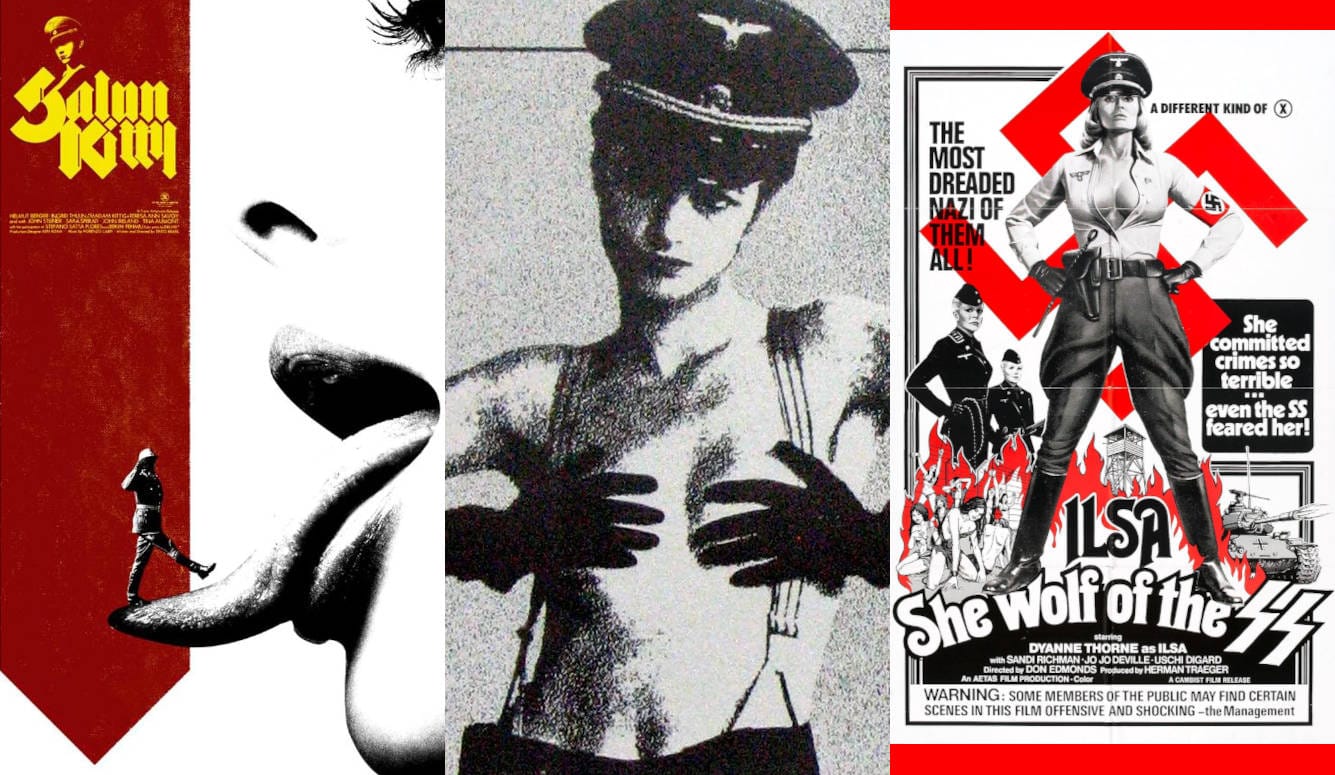 From left to right, poster artwork for Poster artwork Salon Kitty, The Night Porter, and Ilsa She Wolf of the SS.