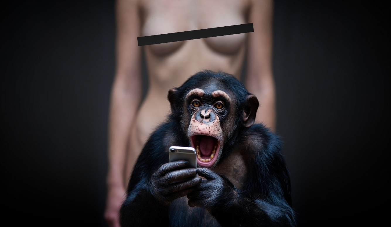 Aoverexcited chimpanzee with an iPhone against a darkened backdrop of a naked model with her nipples blacked over.