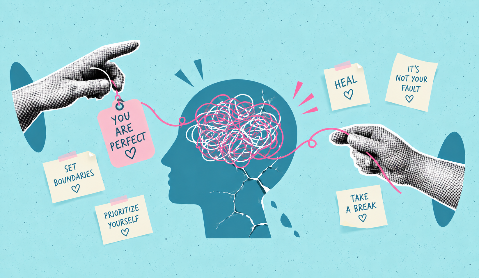 A teal human head with a tangled mind is surrounded by hands, threads, and pastel self-help affirmations.