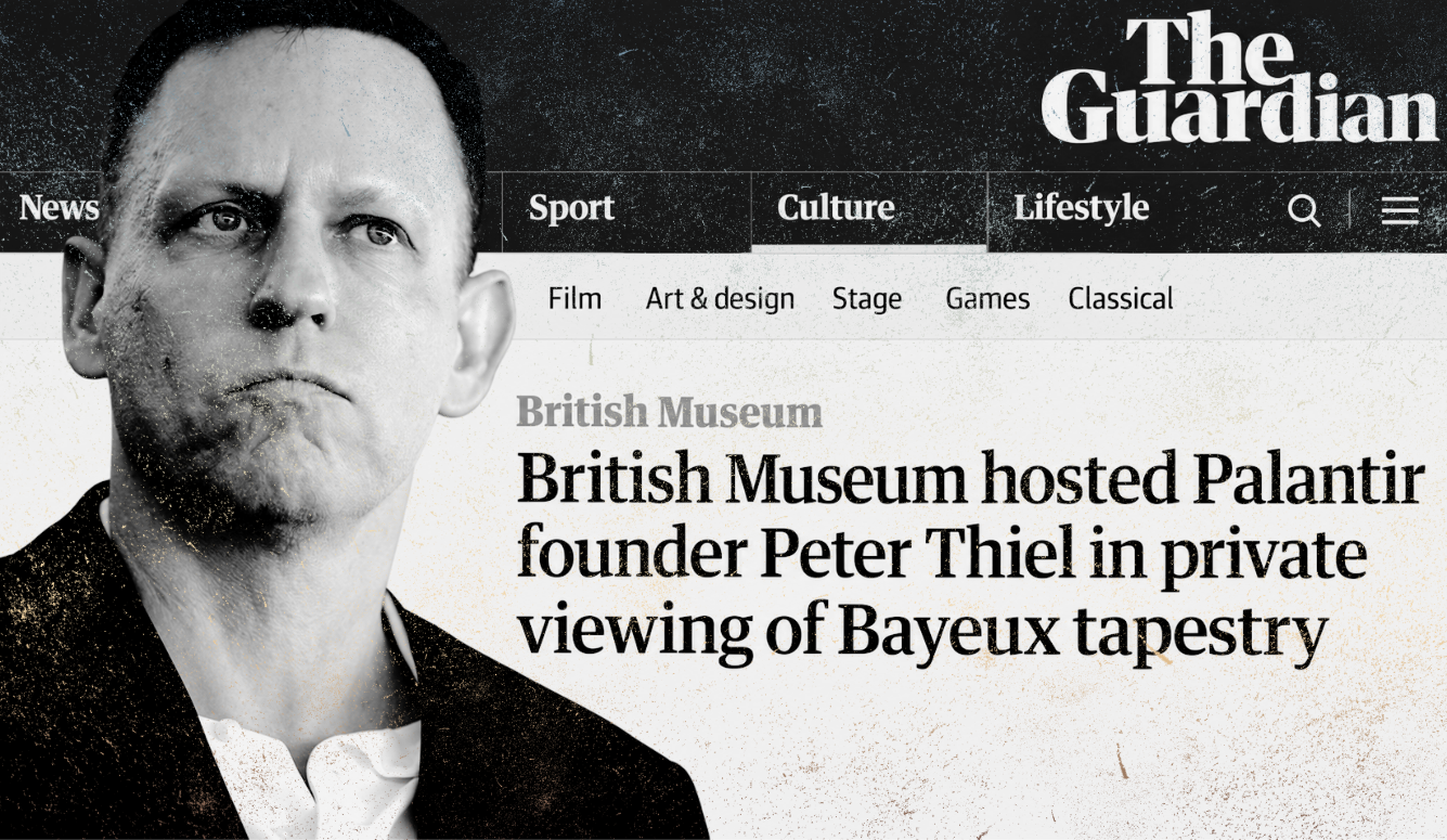 Photograph of US tech mogul Peter Thiel by Gage Skidmore superimposed on a screenshot of a Guardian article criticising his visit to the British Museum.
