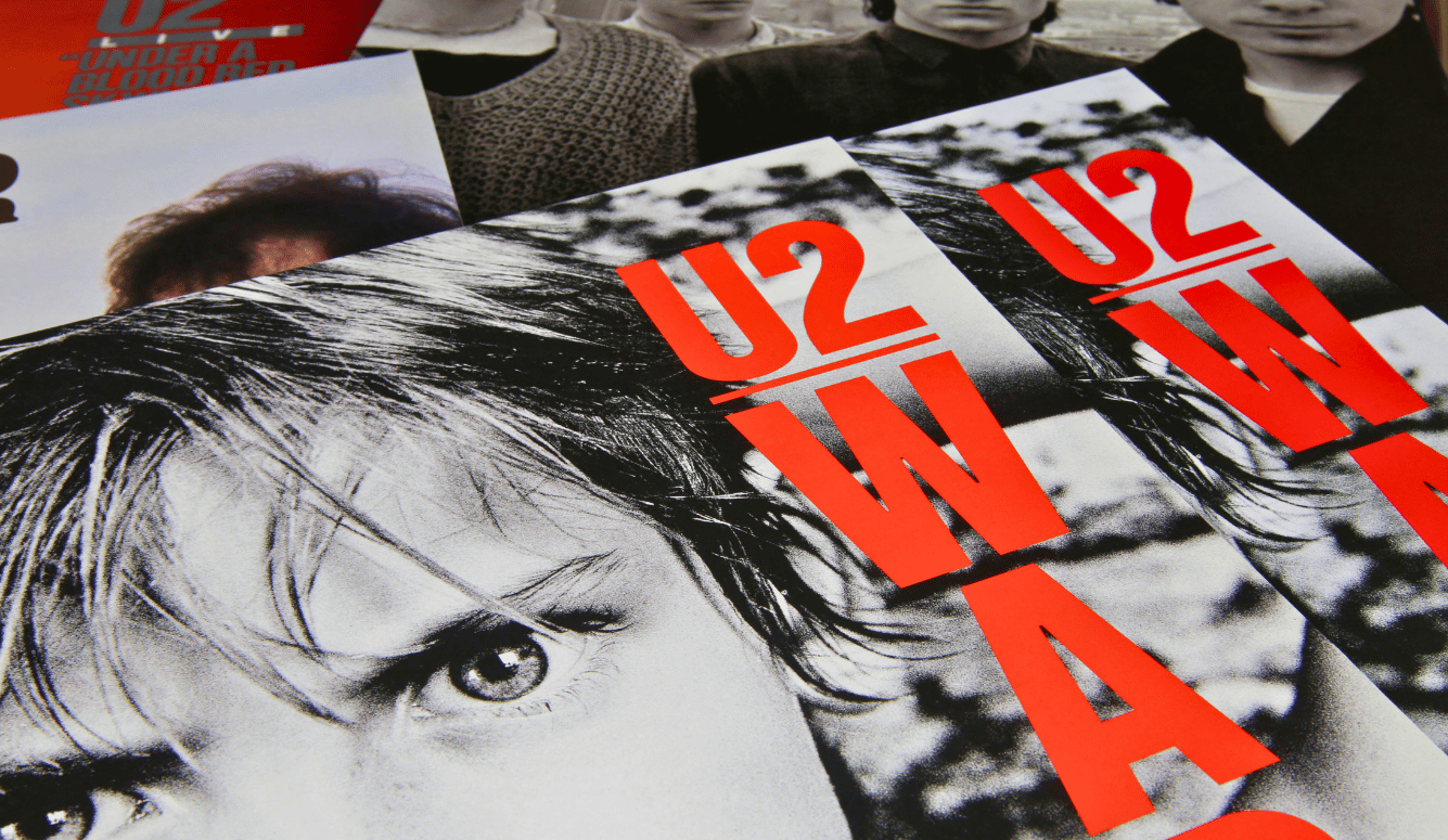 View on U2 band vinyl records collection (focus on center)