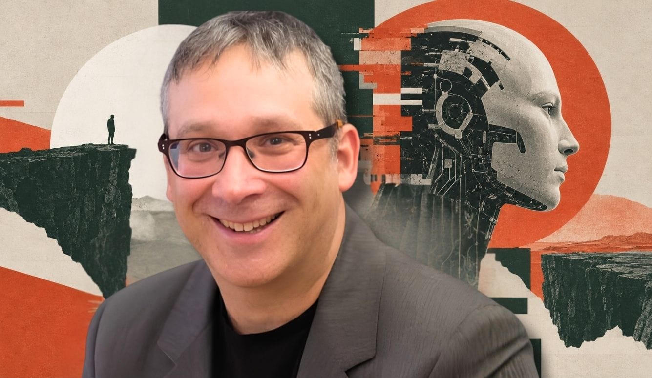 Gary Marcus beside a stylised humanoid AI figure in a muted green, beige, and burnt-orange collage.