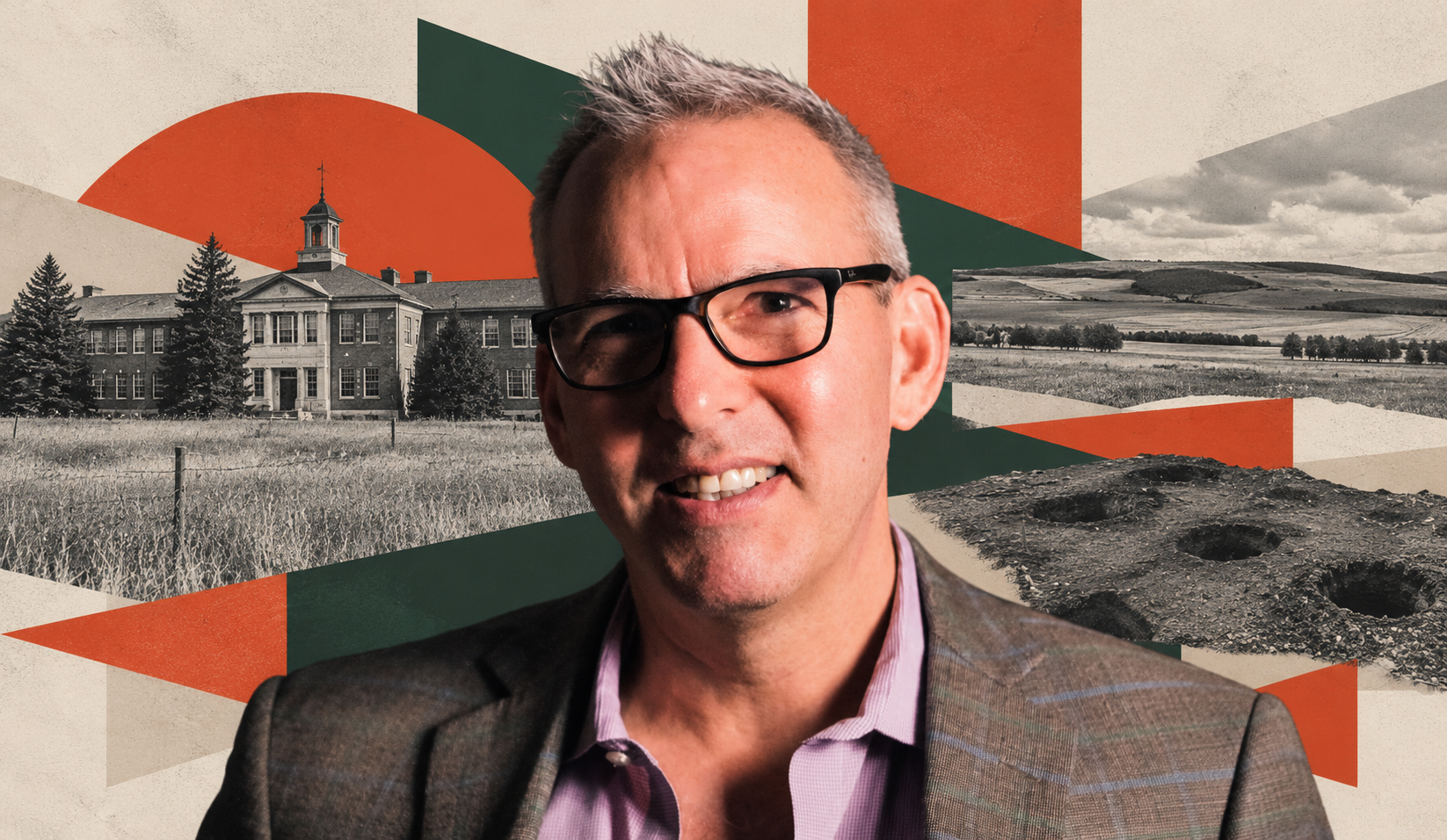 Editorial collage of a man in glasses against a historic Canadian residential school, prairie landscape and unmarked burial sites.