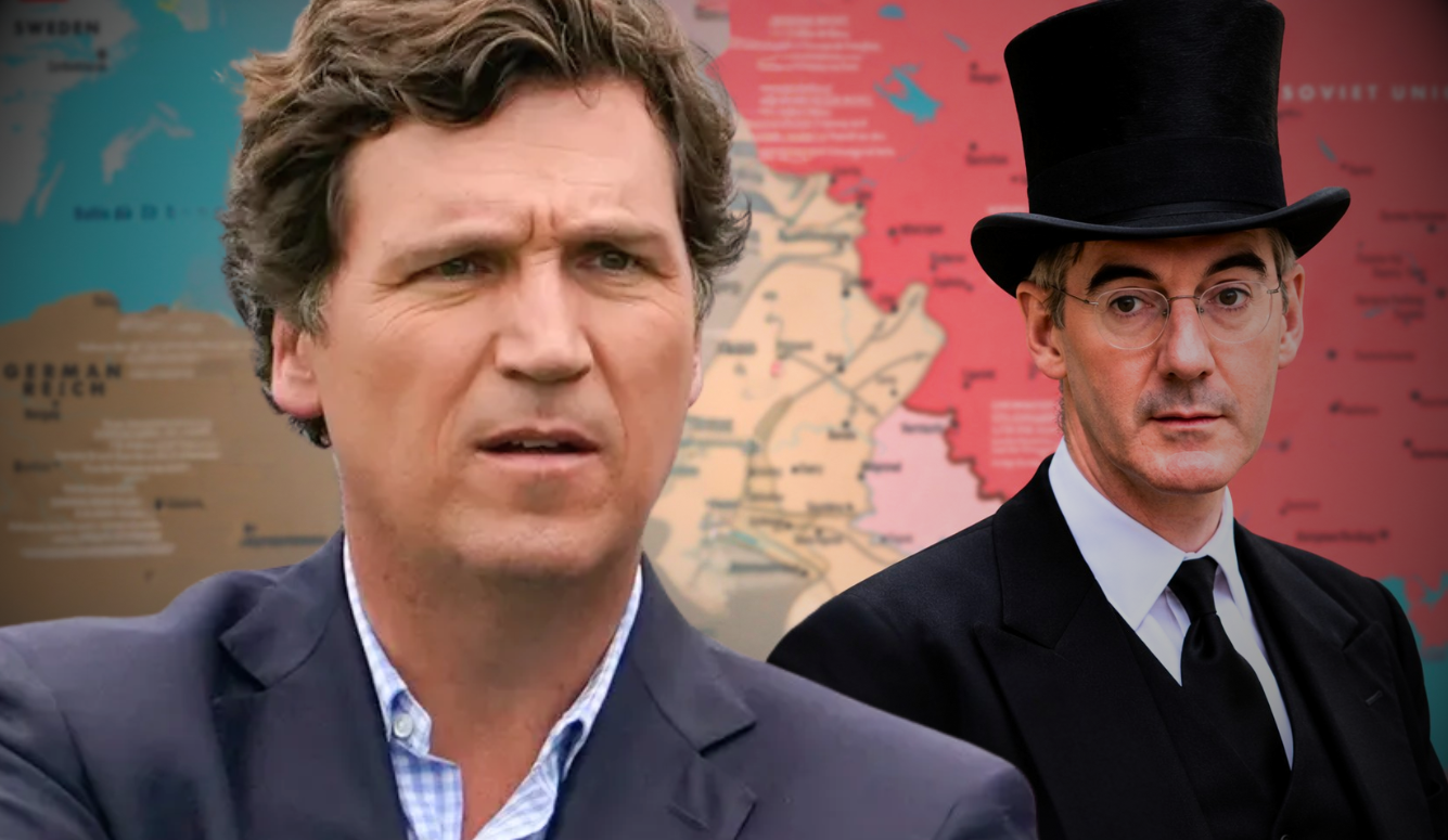 Close-up portraits of Tucker Carlson and Jacob Rees-Mogg in a top hat, superimposed over a blurred, colour-coded map of Operation Barbarossa during the Second World War.