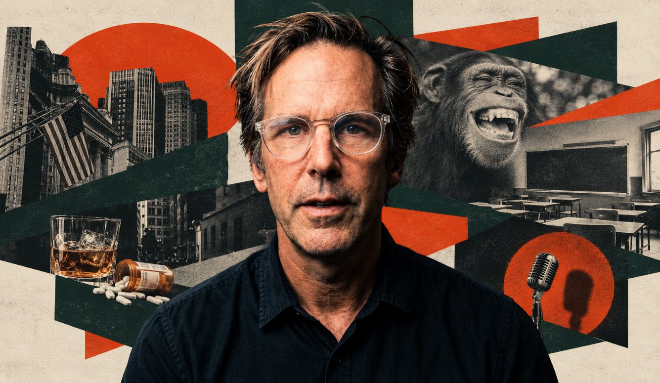 Robert Lynch in colour against an editorial collage featuring Wall Street, a laughing chimpanzee, an empty classroom, and a vintage microphone.