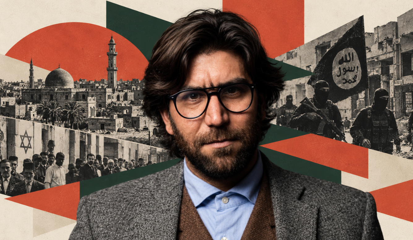 Omar Mohammed against a collage of Mosul, ISIS militants and Iraqi Jewish history.
