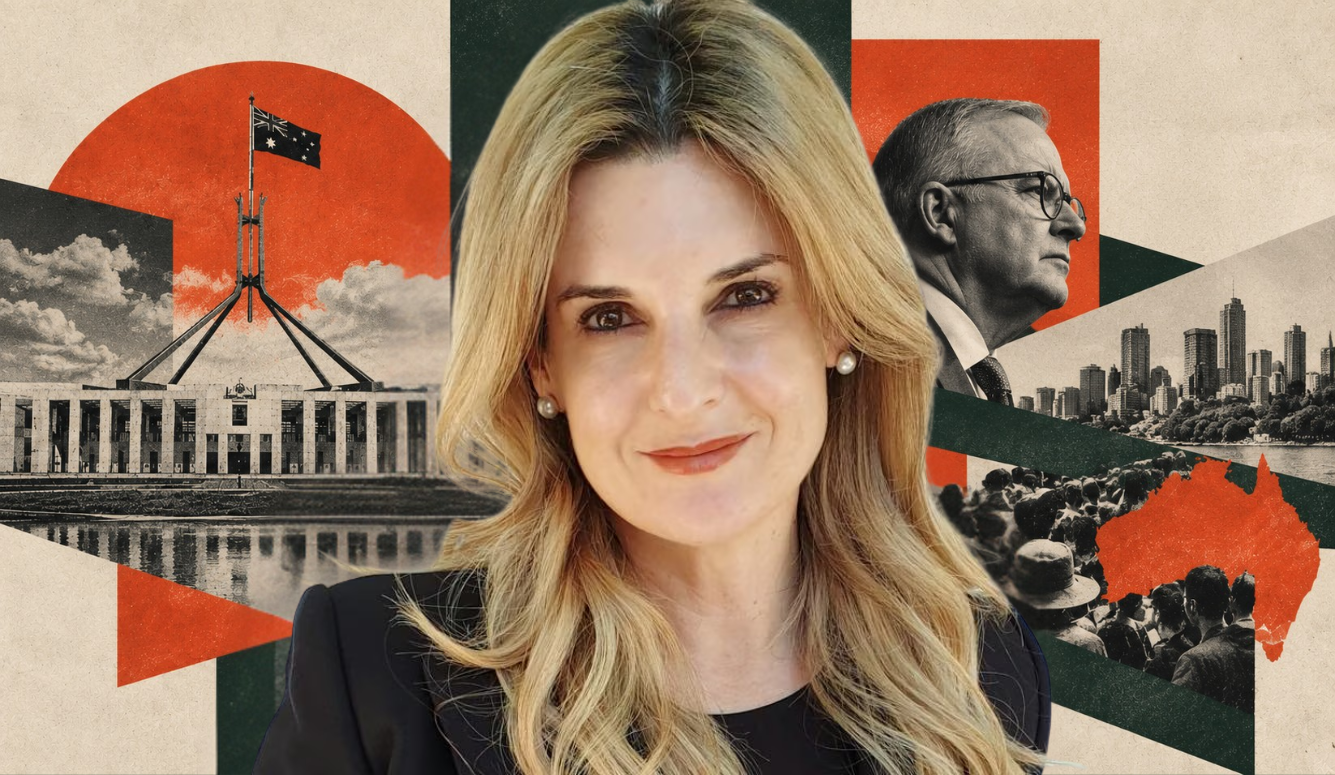 Gemma Tognini in colour, with Anthony Albanese in profile behind her, against a muted collage of Parliament House, Australia’s map and a subdued crowd in cream, forest green and burnt orange.